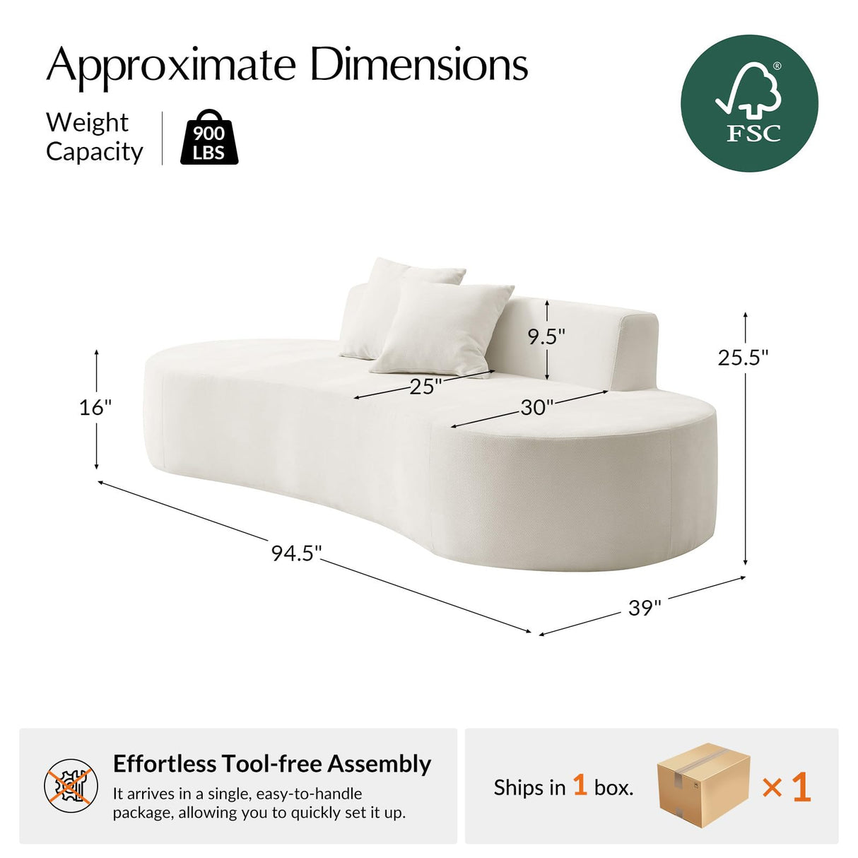 HULALA HOME 94.5" Curved Boneless Couch with Two Pillows, Oversized 3 Seater Compressed Foam Sofa with Deep Seat, Modern Cloud Couch for Living Room, No Assembly Required, Ivory HULALA HOME