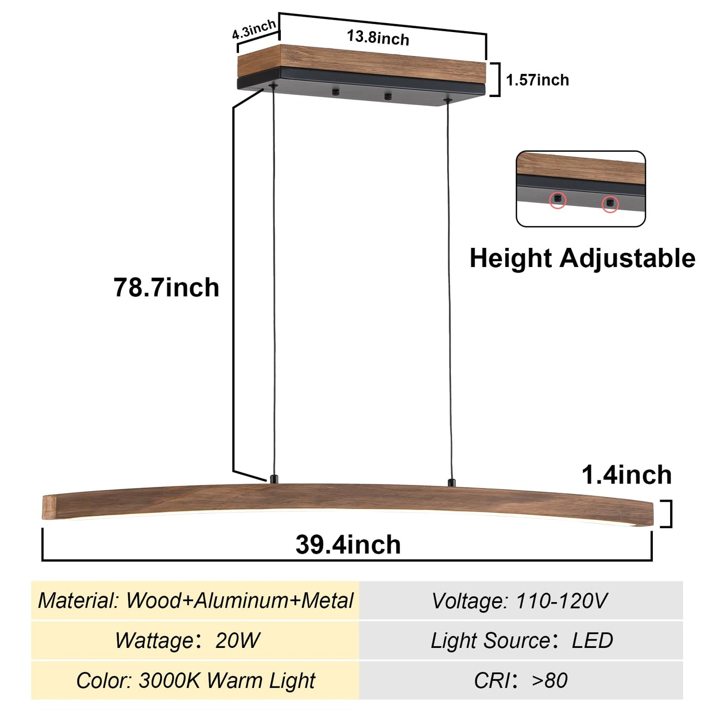 Zicbol 39.4 inch Linear Pendant Light Kitchen Island Modern Wood LED Liner Chandelier Arc-Shaped Wooden Dining Room Light Fixtures Over Table (Adjustable Height)