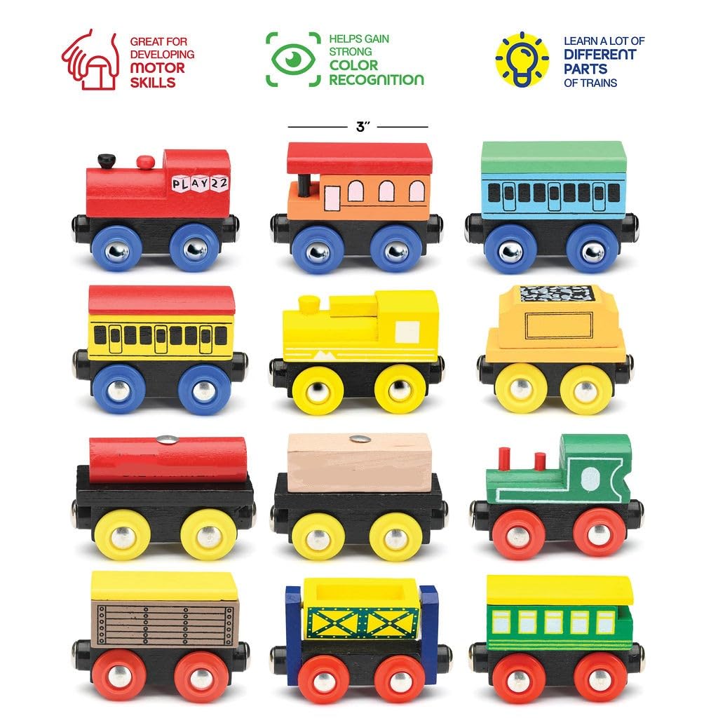 Wooden Train Set 12 PCS - Train Toys Magnetic Set Includes 3 Engines - Toy Train Sets For Kids Toddler Boys And Girls - Compatible With All Major Play22