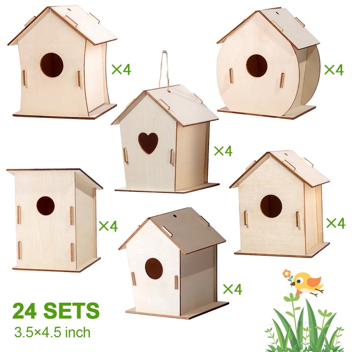 24 Sets DIY Wood Birdhouse Bulk for Kids Parties and Classrooms, Art Painting Bird House Craft Kit Unfinished Wood Bird Houses to Paint for Kids 3+ Spring Summer Arts and Craft Projects