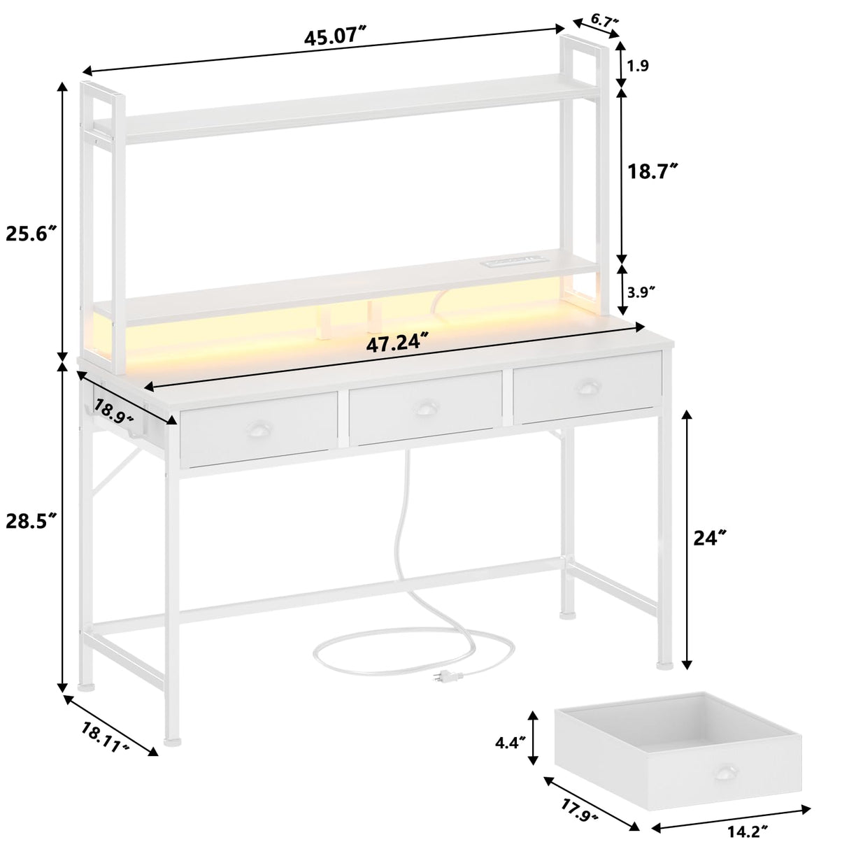 Furologee Computer Desk with 3 Drawers, 47 Inch Home Office Desks with Power Outlet and LED Light, Gaming Desk with Monitor Stand and Hutch, Modern Work/Writing/Study Table for Bedroom, White Furologee
