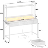Furologee Computer Desk with 3 Drawers, 47 Inch Home Office Desks with Power Outlet and LED Light, Gaming Desk with Monitor Stand and Hutch, Modern Work/Writing/Study Table for Bedroom, White Furologee