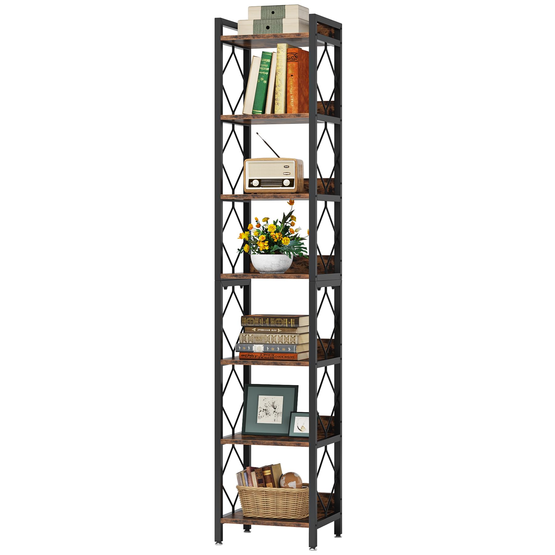 Tribesigns Tall 7-Tier Narrow Bookshelf for Small Spaces - Rustic Brown Freestanding Storage Organizer - WoodArtSupply