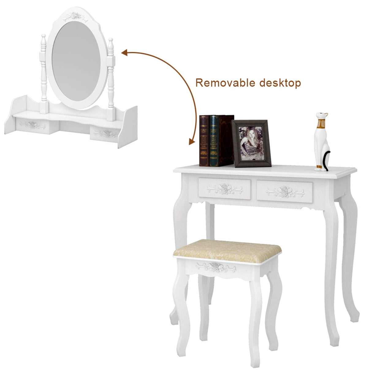 Vanity Table Set, 4 Drawers Makeup Table with Oval Mirror & Stool, Bedroom Wood Dressing Table White WoodArtSupply