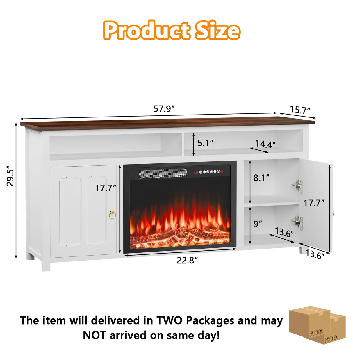 PUKAMI 58" Fireplace TV Stand with 23" Electric Fireplace Up to 65" TVs, 29" Tall Farmhouse Wood Entertainment Center with Open Storage Shelves with Cabinets, Media TV Console for Living Room (Brown) PUKAMI