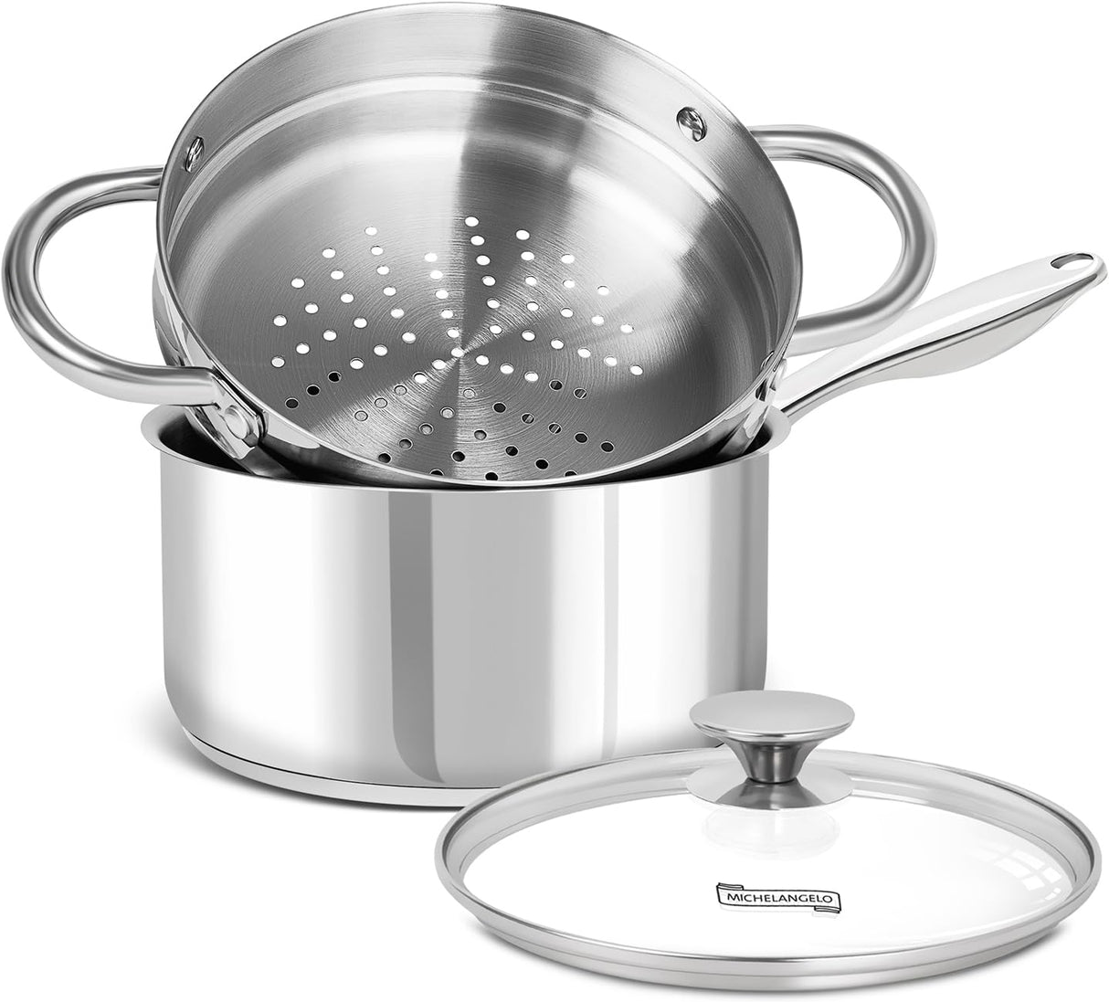 MICHELANGELO 3 Quart Saucepan with Lid & Steamer, Stainless Steel Sauce Pan with Triply Bottom, 3 QT Sauce Pot, Nonstick Saucepan Induction Compatible MICHELANGELO