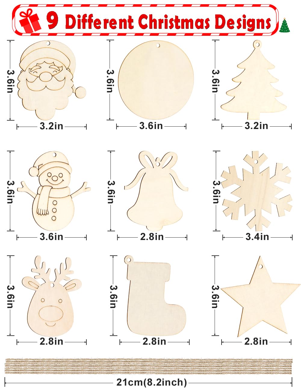 Wohohoho 45Pcs Unfinished Paintable Blank Wooden Christmas Ornaments with Tray, 9 Designs DIY Predrilled Wood Ornaments for Crafts. Christmas Tree Hanging Decorations Xmas Art Birthday Gift for Kids