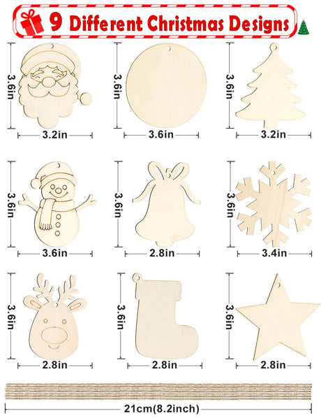 Wohohoho 45Pcs Unfinished Paintable Blank Wooden Christmas Ornaments with Tray, 9 Designs DIY Predrilled Wood Ornaments for Crafts. Christmas Tree Hanging Decorations Xmas Art Birthday Gift for Kids wohohoho