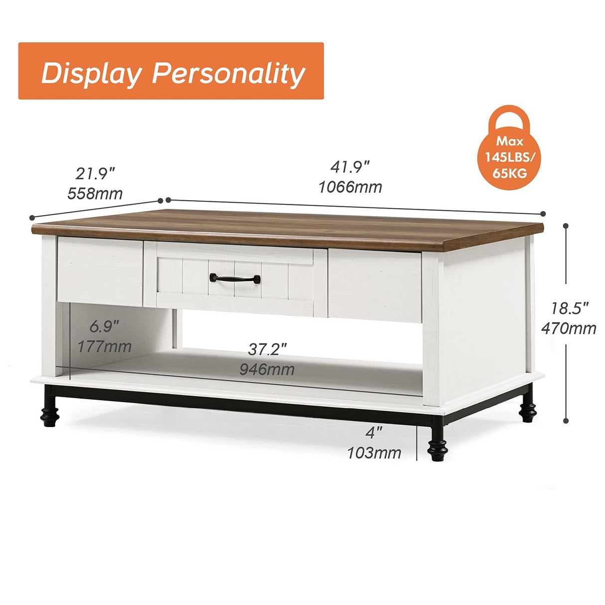 WAMPAT White Coffee Table with Drawer, Rectangle Center Table with Open Storage Shelf for Living Room, Modern Coffee Table Tea Table with Metal Legs, 42 Inch WAMPAT