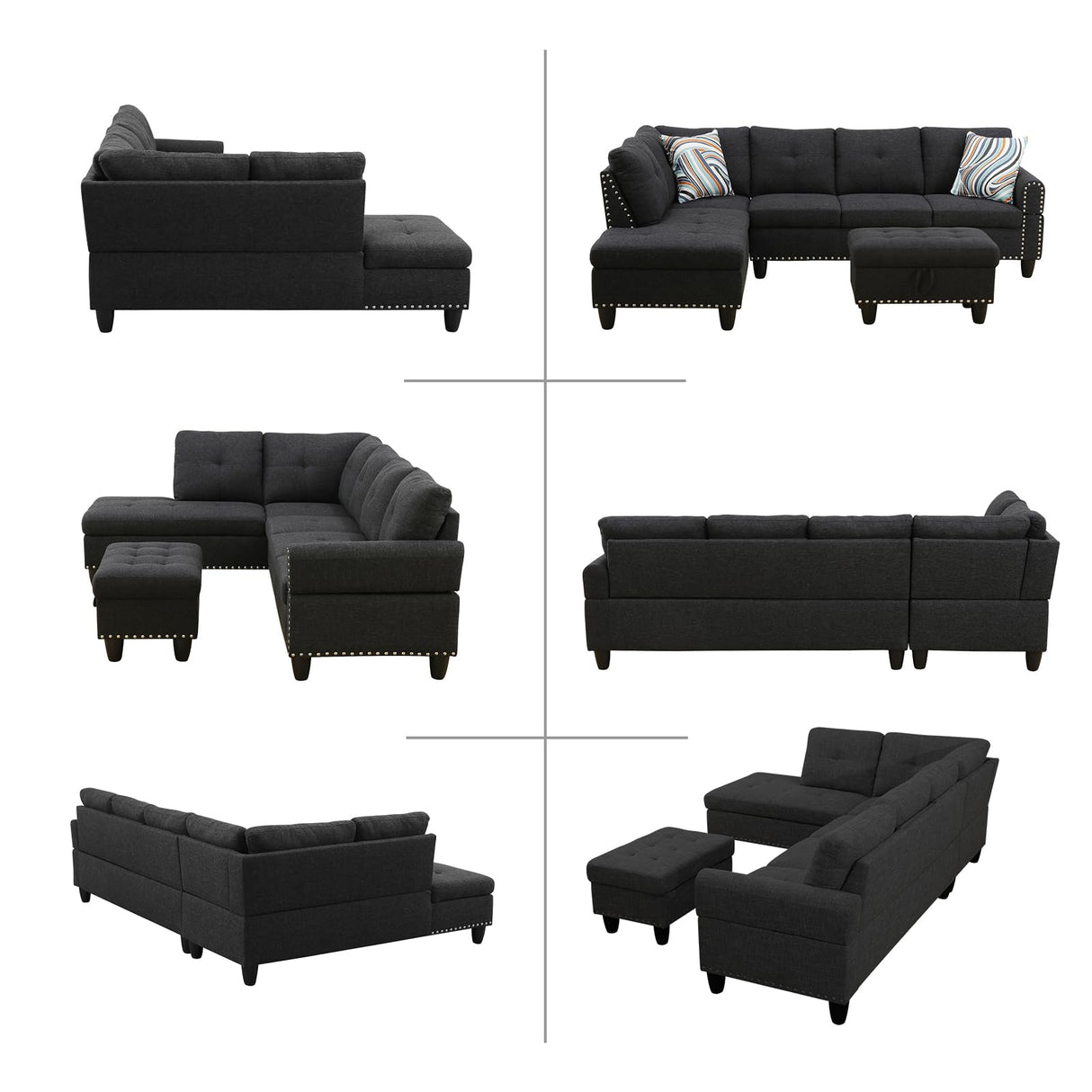 L Shaped Modular Sectional Sofa with Reversible Chaise Lounge, 5-Seater Corner Couch, Linen Upholstery Convertible Sofá w/Movable Ottoman, Cup Holders, 2 Pillows and Rivet Ornament for Living Room NicBex