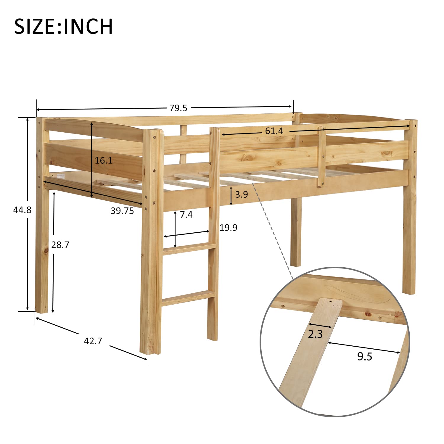 Harper & Bright Designs Twin Size Low Loft Bed with Ladder and Safety Guardrails in Natural Wood - WoodArtSupply