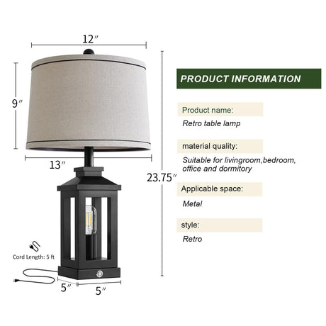G-SAFAVA 23.75" Retro Farmhouse Black Table Lamp for Living Room Bedroom Nightstand Set of 2 Touch Control Bedside Nightlight Vintage Modern Lamp with USB C+A Ports and 2 Light Sources G-SAFAVA