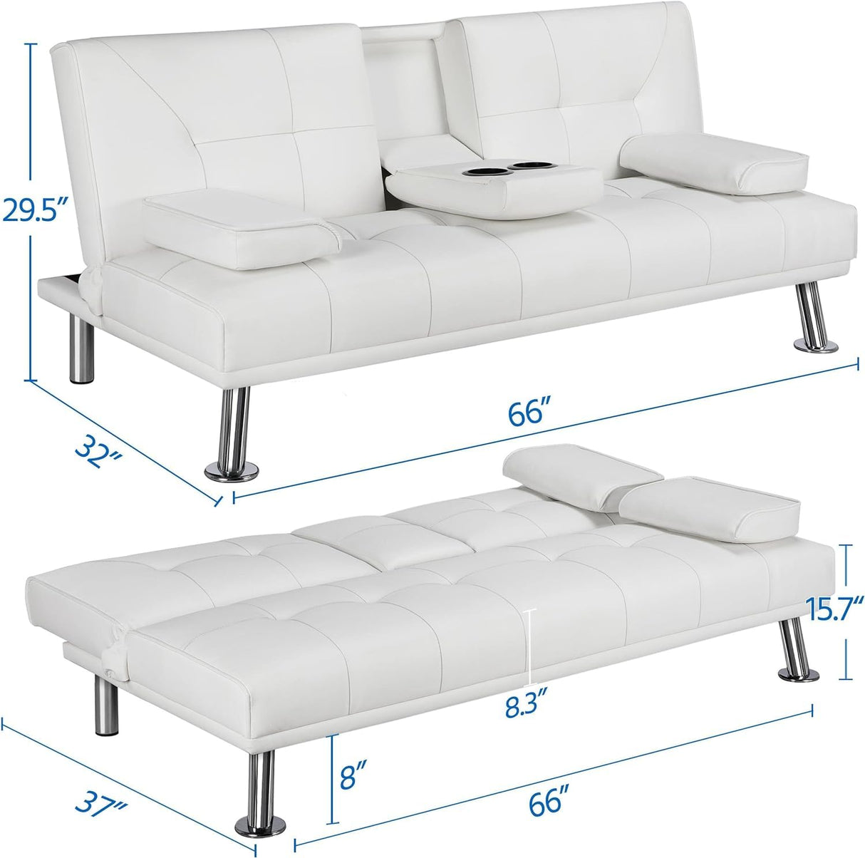 Futon Sofa Bed Modern Folding Couch for Small Space, Faux Leather Convertible Loveseat Sleeper Bed Daybed Recliner Lounge Sofas for Living Room,2 Cup Holders,Metal Legs,Removable Armrests (White) Anwick
