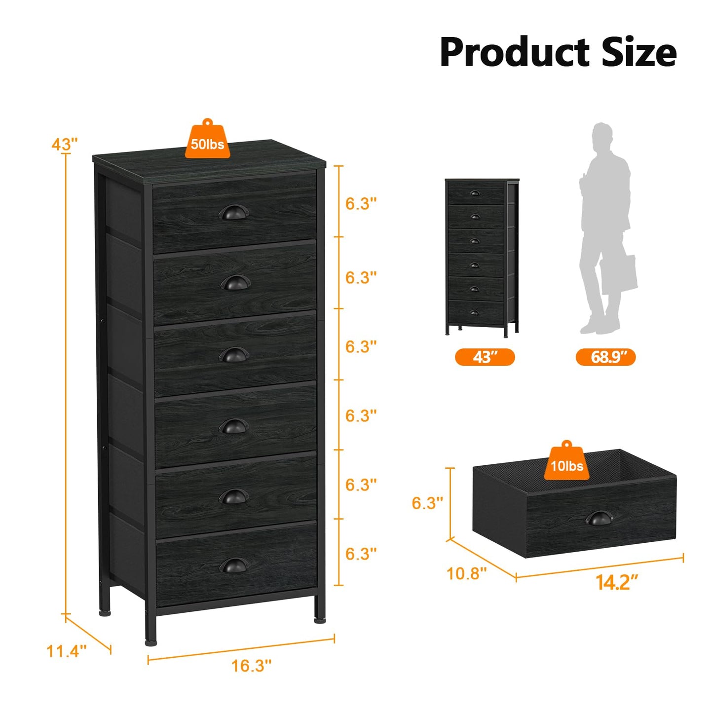 Furnulem Tall Dresser with 6 Drawers,Vertical Bedside End Table & Chest for Bedroom,Black Storage Tower Dorm Nightstand with Fabric Drawer Organizer Unit Furniture in Living Room,Closet,Hallyway