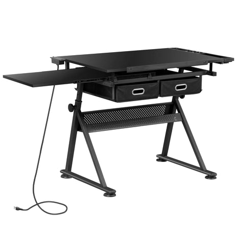 ZENY Adjustable Drafting Table with Stool, Tilting Drawing Desk Artist Table with Storage Drawers, Art Craft Workstation for Home Office Reading, Writing, Crafting (Black-with Outlet) ZENY