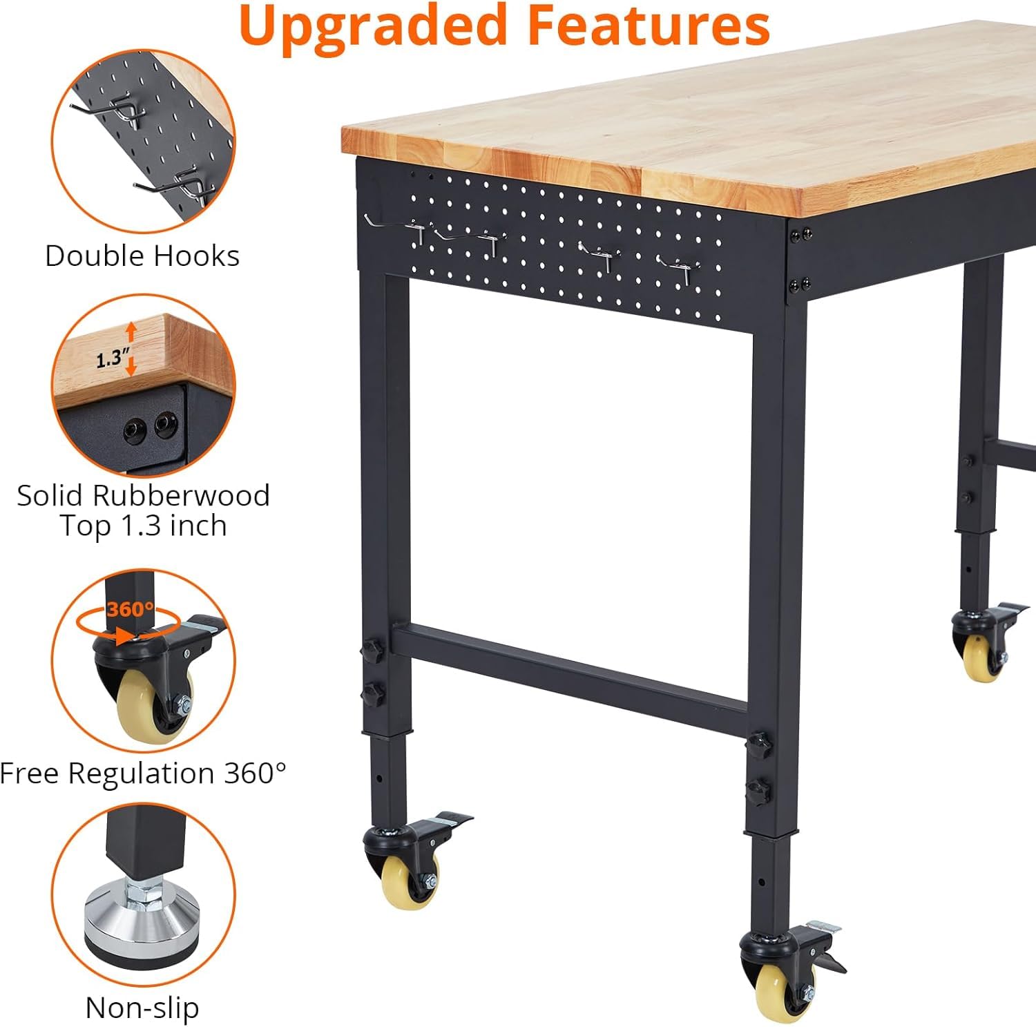 Adjustable Workbench for Garage, 48" x 24" Portable Work Bench, 2000 Lbs Capacity, Rubber Wood Workstation w/ 4 Rolling Casters, Heavy Duty Work Table with 2 USB & 4 AC Outlets - WoodArtSupply