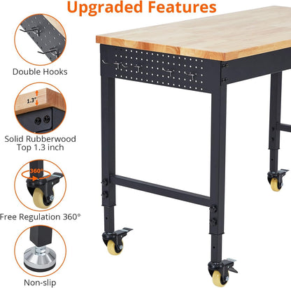 Adjustable Workbench for Garage, 48" x 24" Portable Work Bench, 2000 Lbs Capacity, Rubber Wood Workstation w/ 4 Rolling Casters, Heavy Duty Work Table with 2 USB & 4 AC Outlets - WoodArtSupply