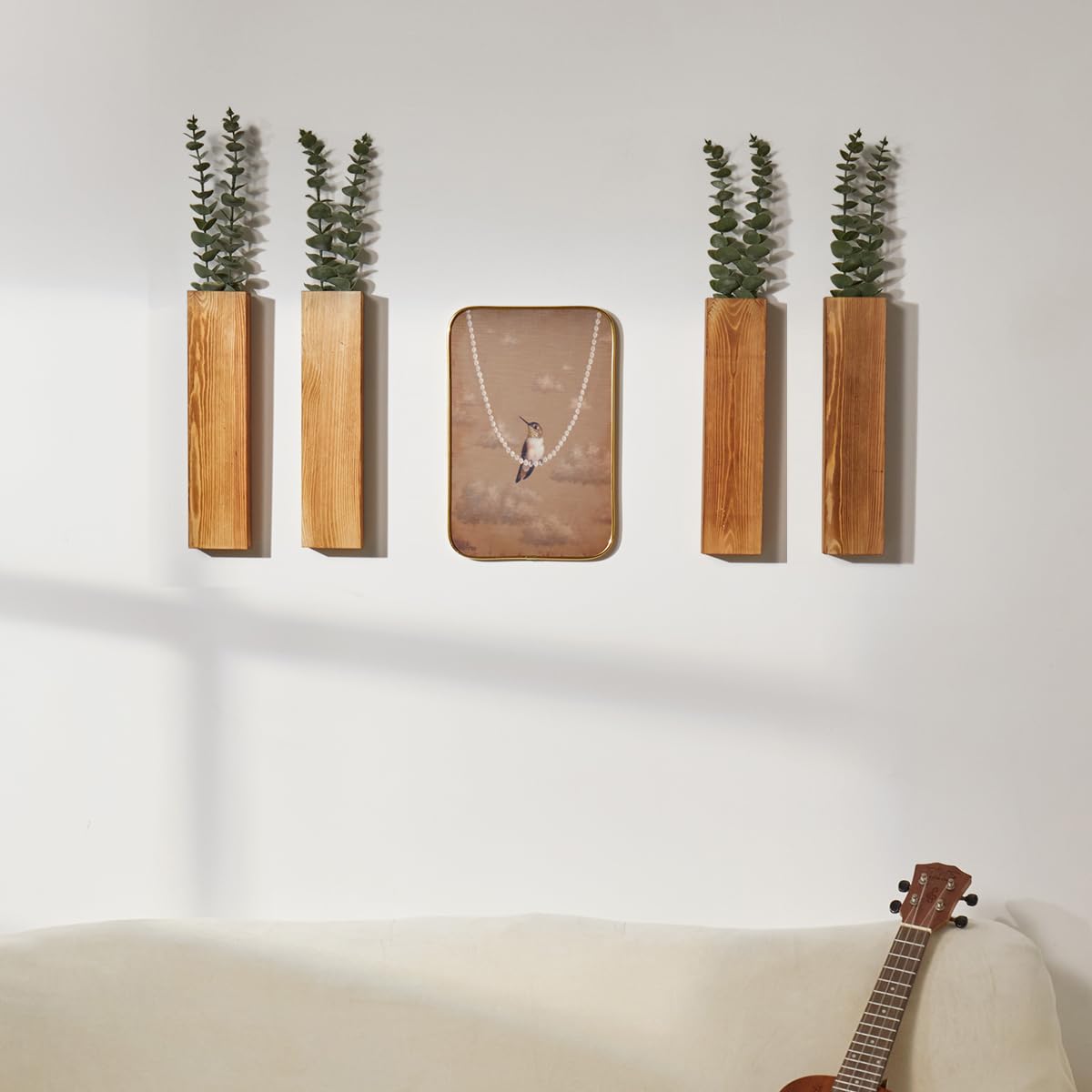 Mokof Wood Wall Planters with Artificial Eucalyptus, Modern Farmhouse Wall Decor for Living Room, Bedroom, Bathroom, Wooden Pocket Hanging Wall Vase with Faux Plant Decor (4 Pack) Mokof