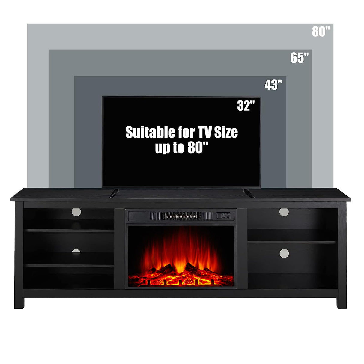 AMERLIFE Fireplace TV Stand, Wood Texture Entertainment Center with 23'' Electric Fireplace, Farmhouse Entertainment Stand Media TV Console for TVs Up to 80'', 70 inches, Black AMERLIFE
