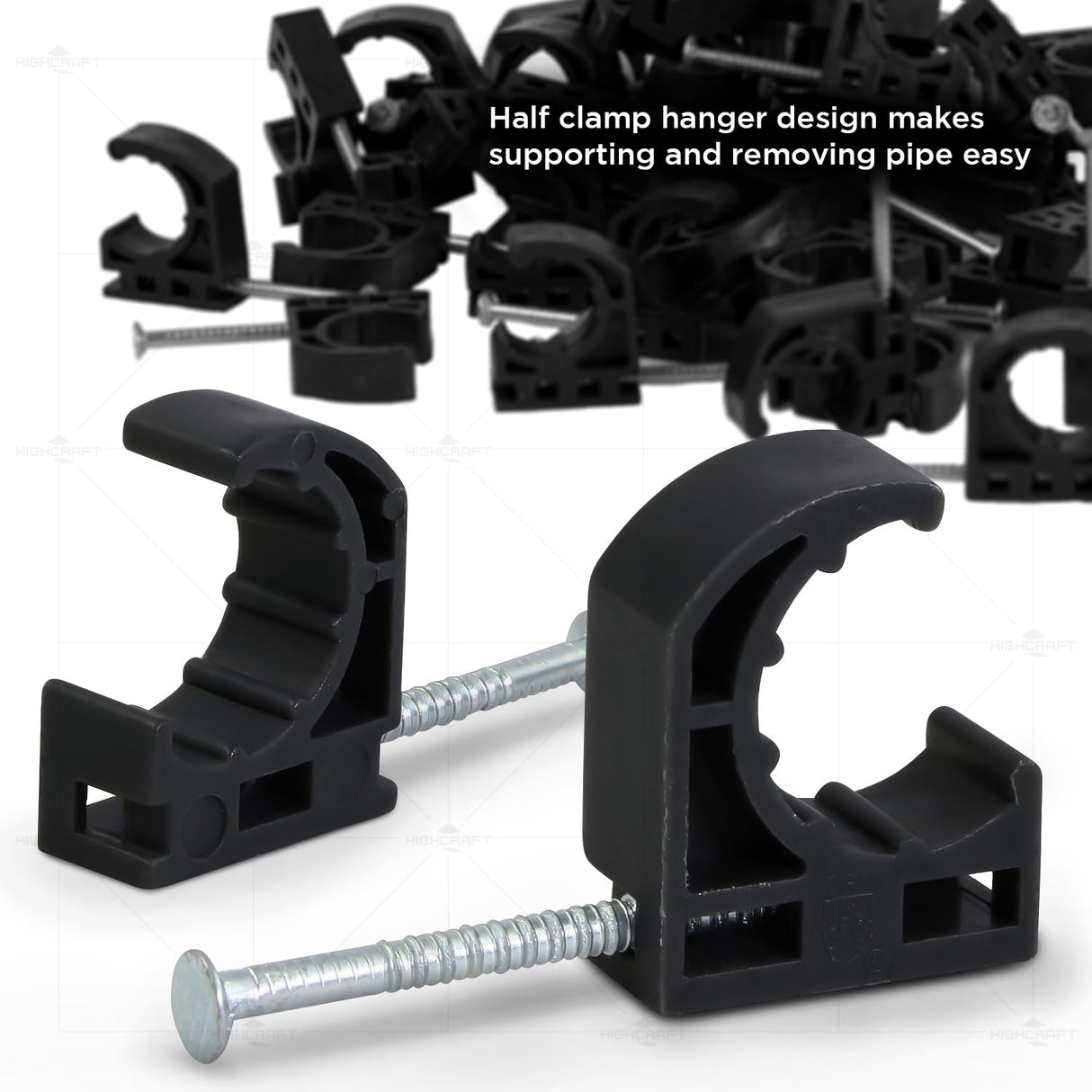 Highcraft ID234x50 Half Clamp J-Hook with Nail For Pex Tubing Pipe Support, 1/2 in, Black HIGHCRAFT