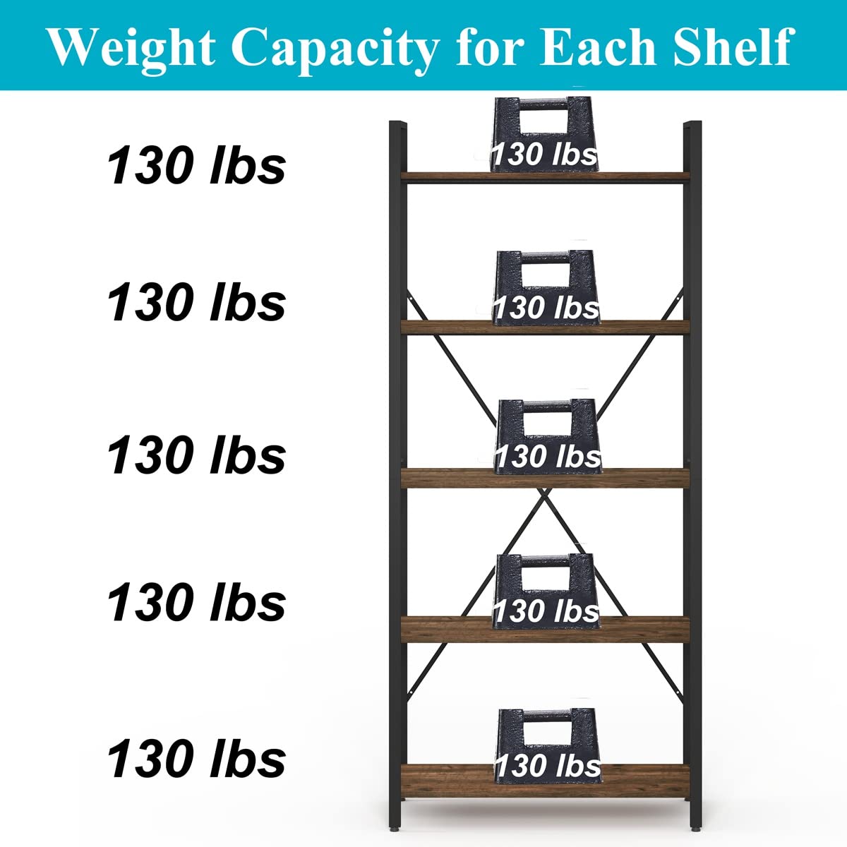 BON AUGURE 5-Tier Rustic Oak Industrial Bookshelf with Metal Frame BON AUGURE