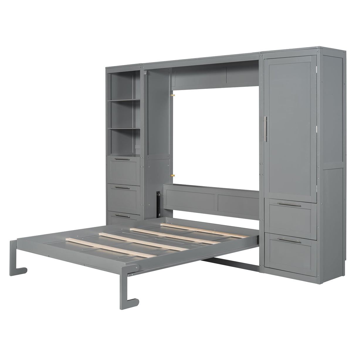 Merax Queen Size Murphy Bed, Wooden Wall Bed with Drawers, Closet and Shelves, Gray Merax
