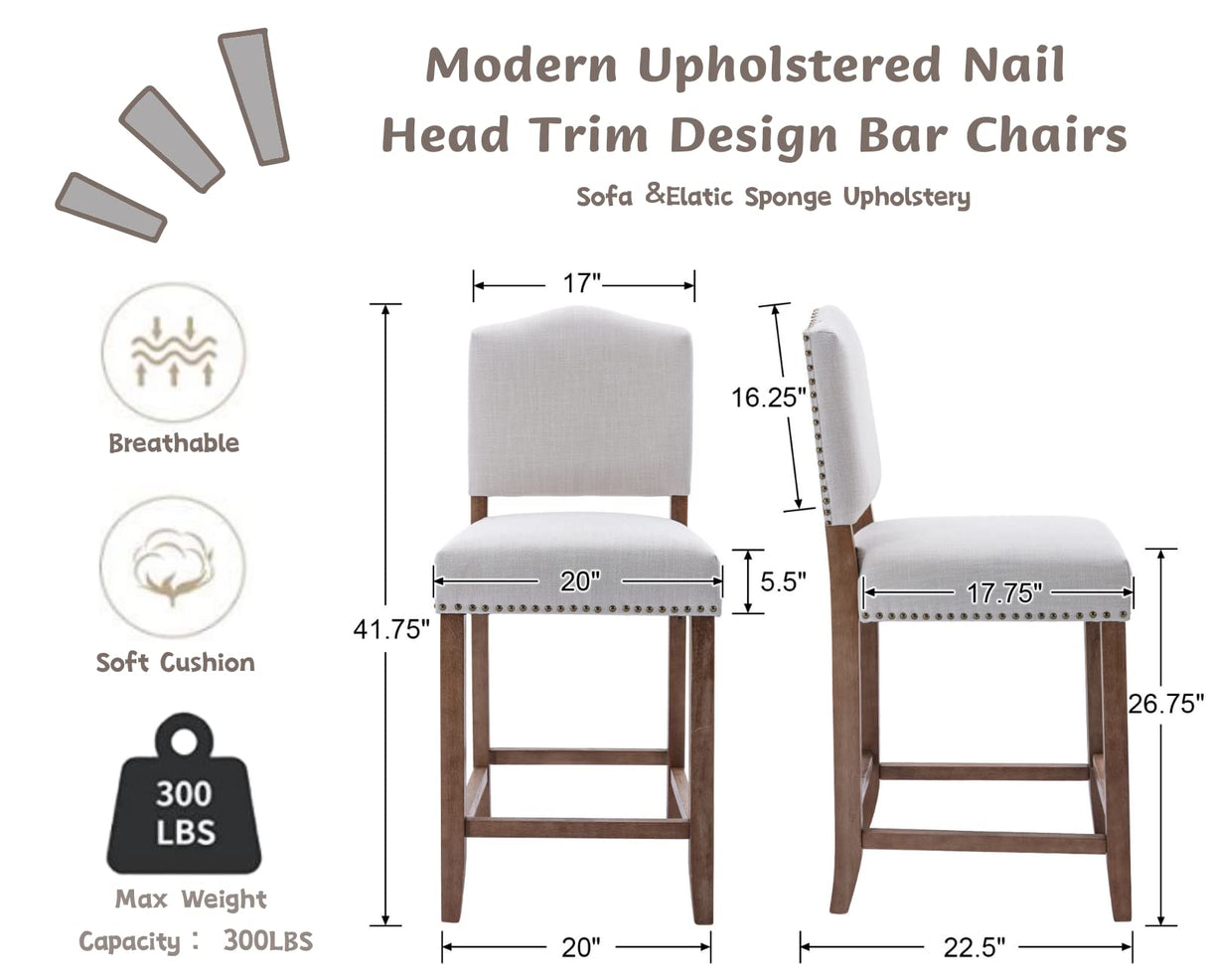 CIMOTA Counter Height Bar Stools Set of 2 Farmhouse Bar Chairs Mid Century Counter Stools Barstools with Back Kitchen Stools with Wood Legs for Island/Pub/Dining Room, Linen Beige, 26 Inch CIMOTA