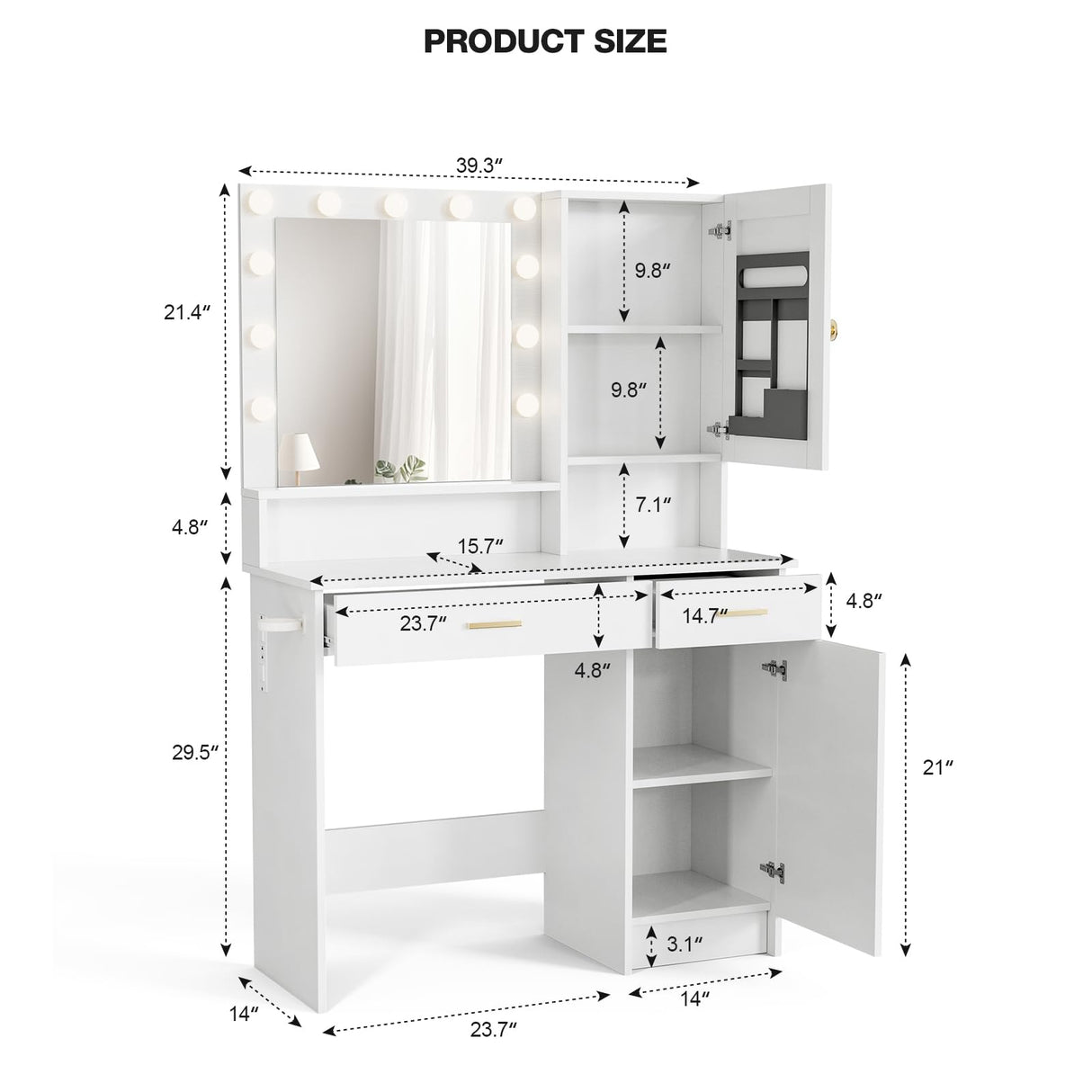 LCRBOL Makeup Vanity Desk with Mirror & Lights, Vanity Desk with 2 Drawers, Storage Shelves, Adjustable Brightness Vanity Mirror with Lights, Bedroom, White LCRBOL