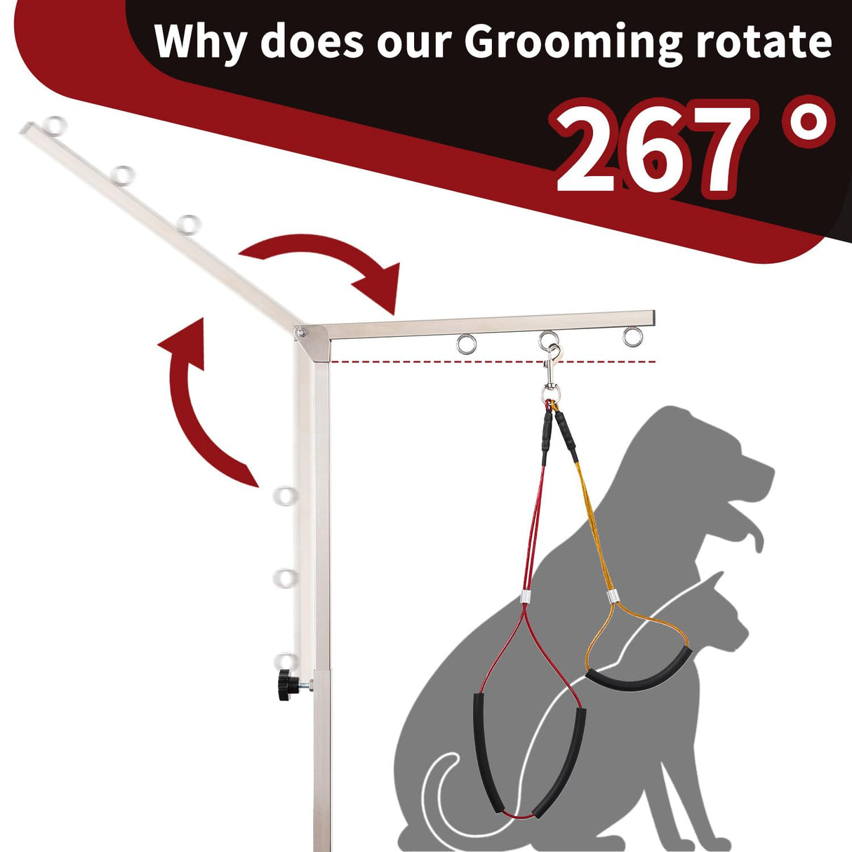 Dog Grooming Table Arm with Hammock - Adjustable Height, Pet Grooming Hammock, No Sit Haunch Holders, Loop Noose Heavy-Duty Clamp (Stainless Steel) Phenfor