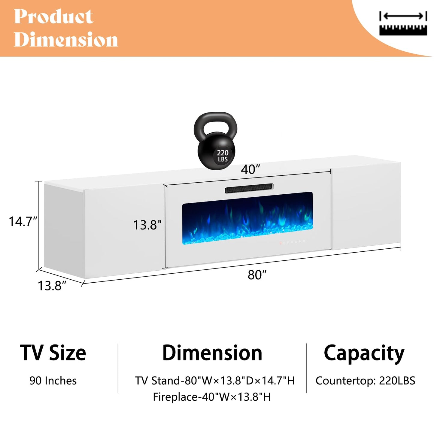 AMERLIFE Floating Fireplace TV Stand, Wall Mounted Mirrored Entertainment Center with 40" Electric Fireplace, Modern LED Lights Media Console for TVs Up to 90", All White