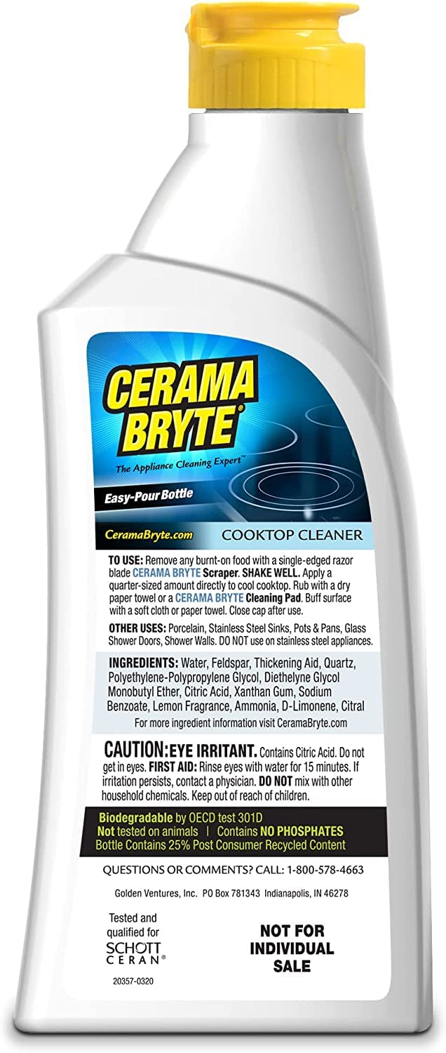 Cerama Bryte Combo Kit POW-R Grip, Scraper, Pads & Removes Tough Stains Cooktop and Stove Top Cleaner for Glass - Ceramic Surfaces, 10 Ounces, 6 Piece Cerama Bryte