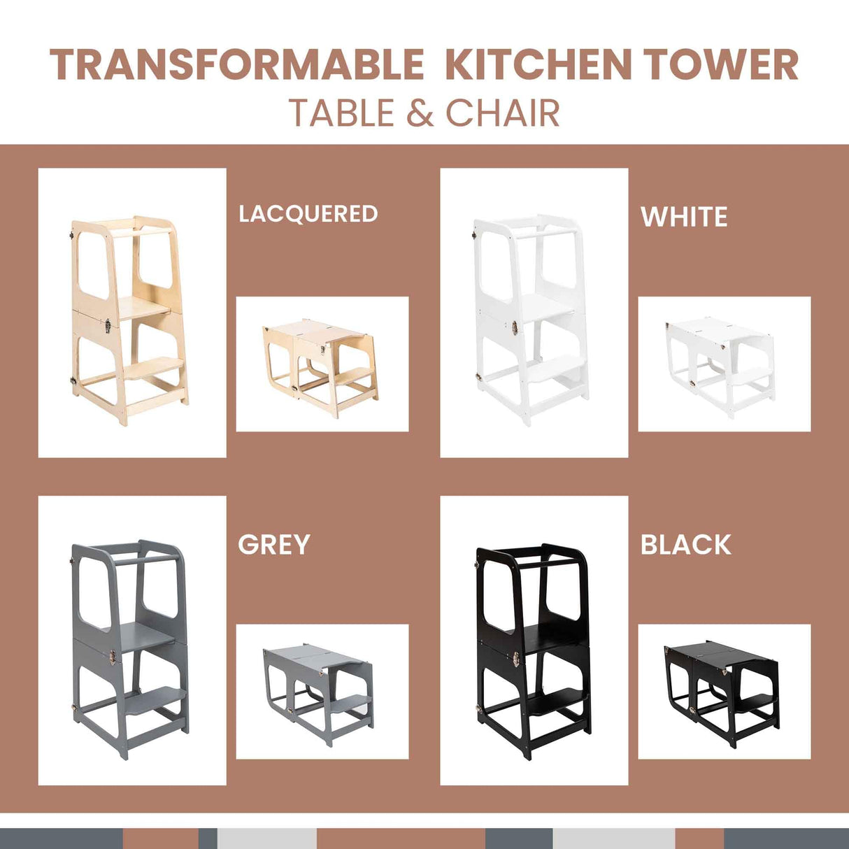 2-in-1 Transformable Kitchen tower - Kitchen observation tower for Toddlers - Montessori tower for Children - Foldable weaning Table and Chair Sweet Home From Wood