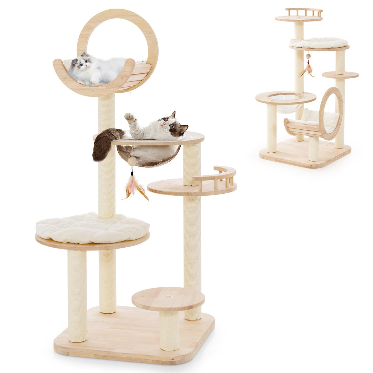 Tangkula Solid Wood Cat Tree, 4-in-1 Building Block Large Cat Tower with Space Capsule Nest, Sisal Scratching Posts, Padded Platform, Hanging Toy, Cat Tree Tower with 4 Transformations for Indoor Cats Tangkula