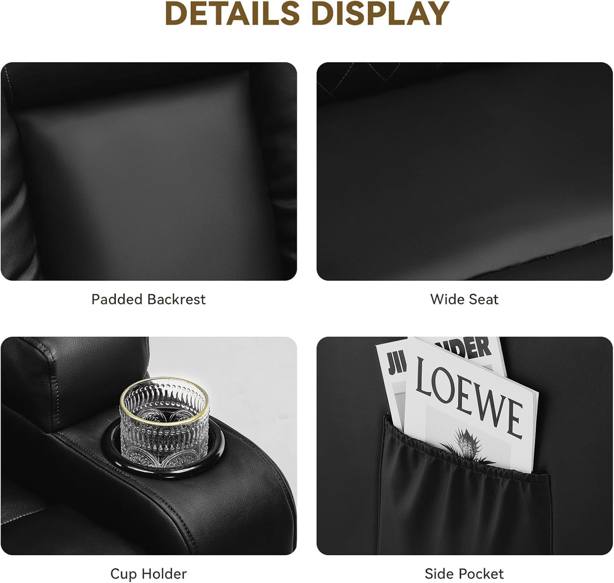 COMHOMA Recliner Chair, Swivel Rocker Recliners, Massage and Heat Reclining Chair, Reclining Sofa with Side Pockets, Cup Holders for Living Room, Bedroom (Black) COMHOMA