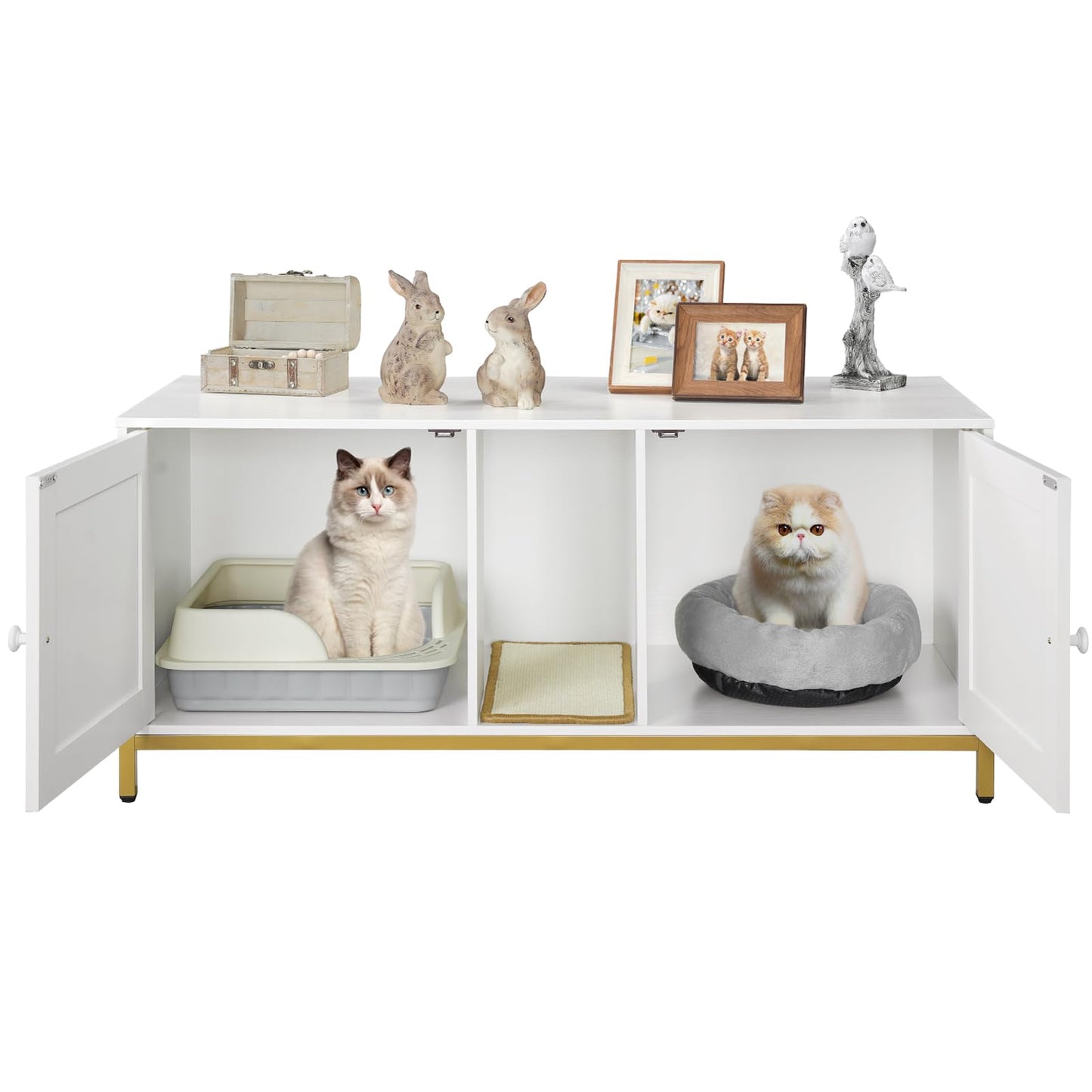 HOOBRO 44" Cat Litter Box Enclosure for 2 Cats, Double Cat Litter Box Furniture Hidden, TV Stand Litter Box Enclosure with Cat Scratching Mat, Cat House, Cat Washroom Cabinet, White, Gold DW2 - WoodArtSupply