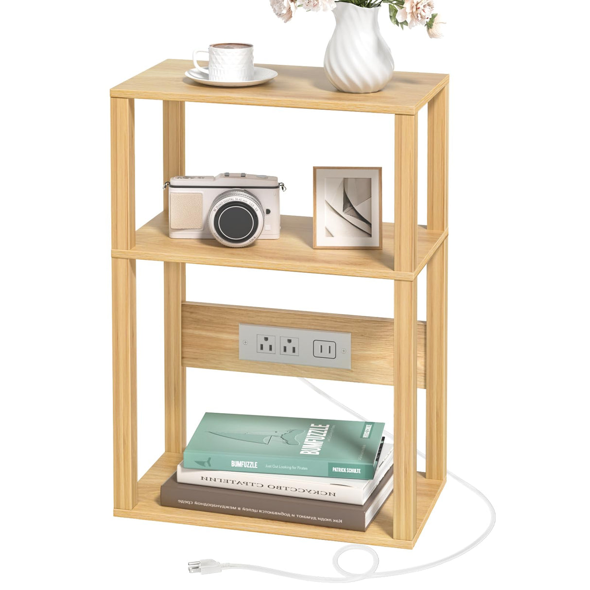 3-Tier Small Narrow Bamboo Side Table with Charging Station, Skinny Nightstand for Small Space, Slim Bedside Table with Storage for Couch, Wooden Thin End Table with USB Ports and Outlets, Natural YUFAM