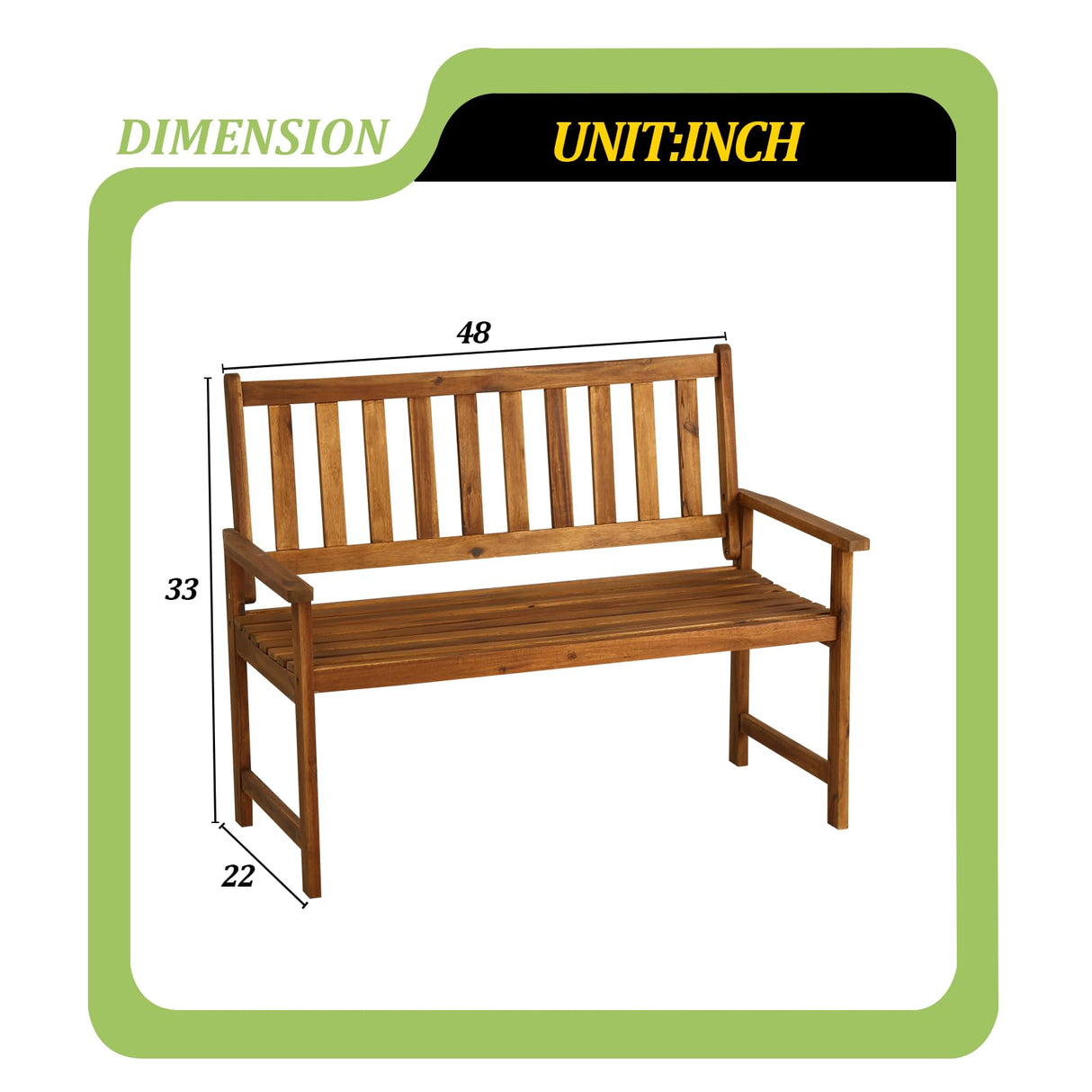 Yewuli 2-Person Outdoor Acacia Wood Bench with Backrest and Armrests Yewuli