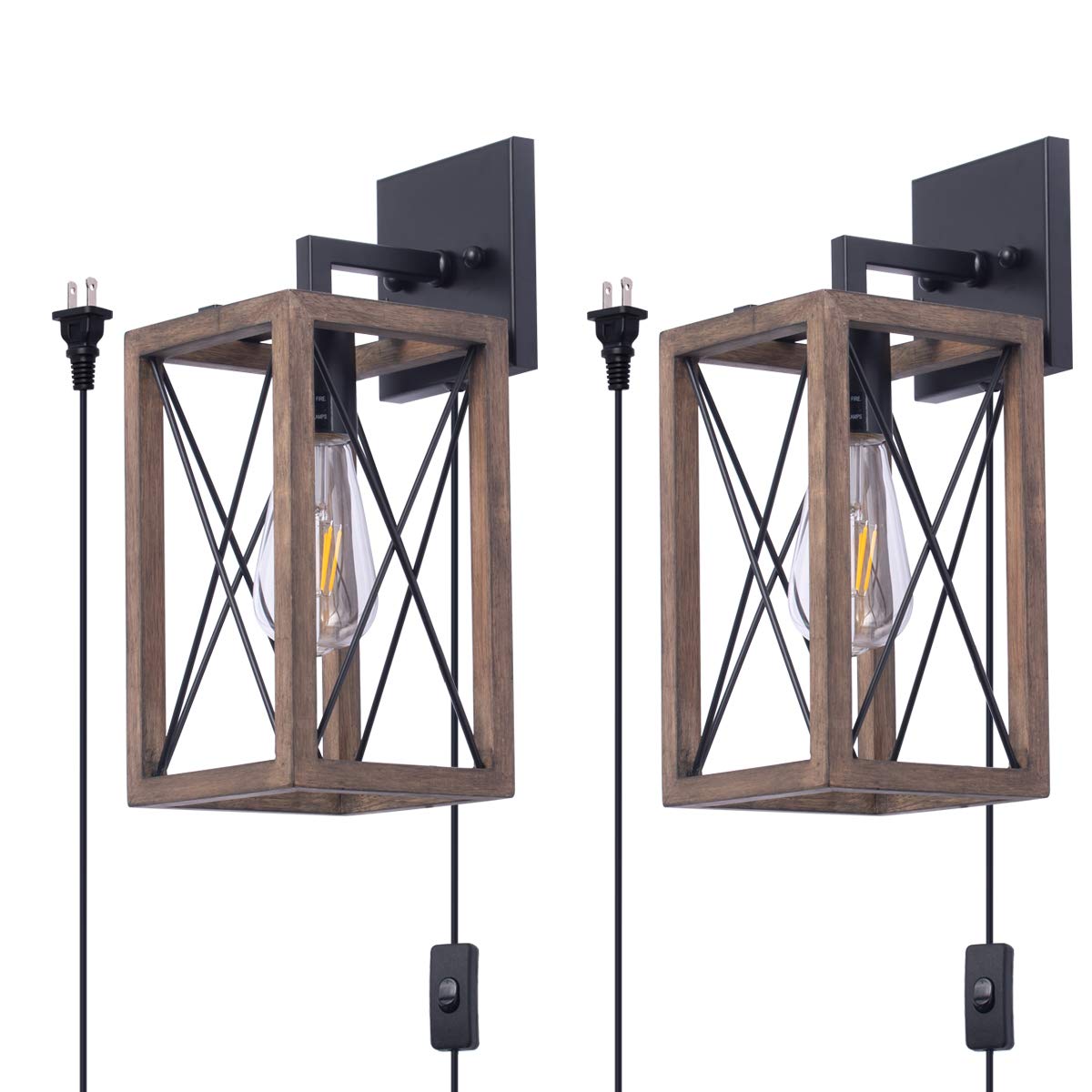 VILUXY Wood Wall Sconces Retro Industrial Rectangle Bedside Wall Sconce Plug-in Cord with Switch Lighting Fixture Black Wall Lamp for Bedroom, Hallway, Entryway, Passway, Dining Room 2 Pack VILUXY