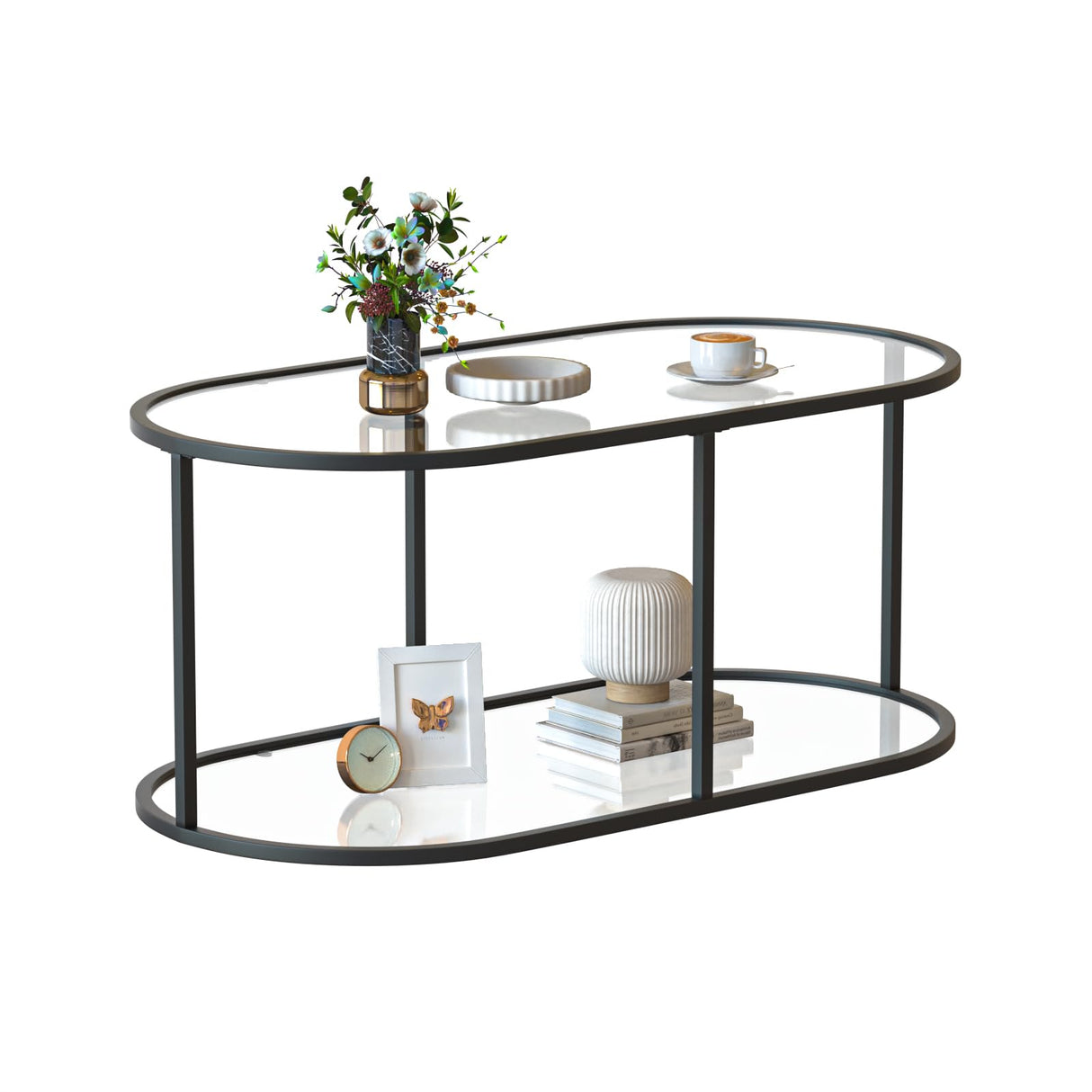 Wolawu Coffee Table Black Glass Coffee Table for Living Room,2 Tiers Oval Center Table with Sturdy Metal Frame,Modern Tempered Glass Accent Table for Bedroom Home Office Wolawu