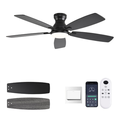 NKPU 52inch Flush Mount Ceiling Fans with Lights and Remote Control/APP Control, DC Reversible Motor, Noiseless, Dimmable, Low Profile Black Ceiling Fan for Bedroom Indoor/Outdoor Use
