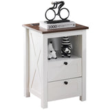 Mellolivin Farmhouse Nightstand with Charging Station and LED Lighting, End Table with 2 Drawers & Open Storage, Farmhouse Design White Bedside Table for Bedroom Mellolivin