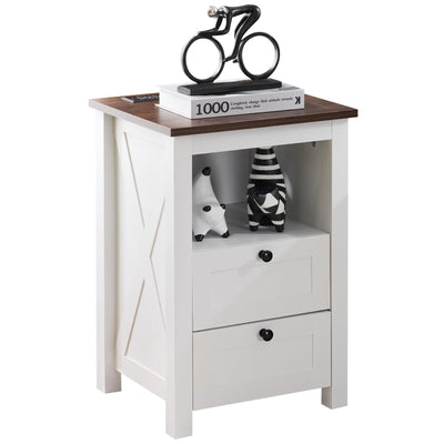 Mellolivin Farmhouse Nightstand with Charging Station and LED Lighting, End Table with 2 Drawers & Open Storage, Farmhouse Design White Bedside Table for Bedroom