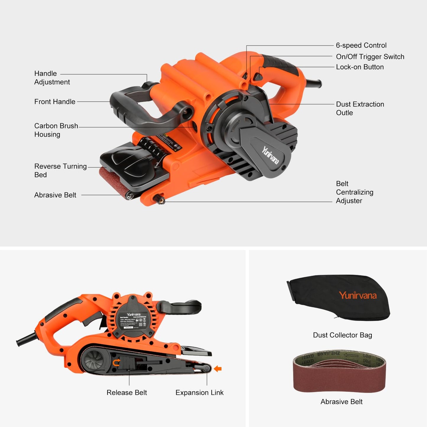 Yunirvana 8 Amp Belt Sander Variable Speed 120-380RPM Includes 5 Sanding Belts (3x21 Inch) and Dust Bag Ideal for Stock Removal - WoodArtSupply