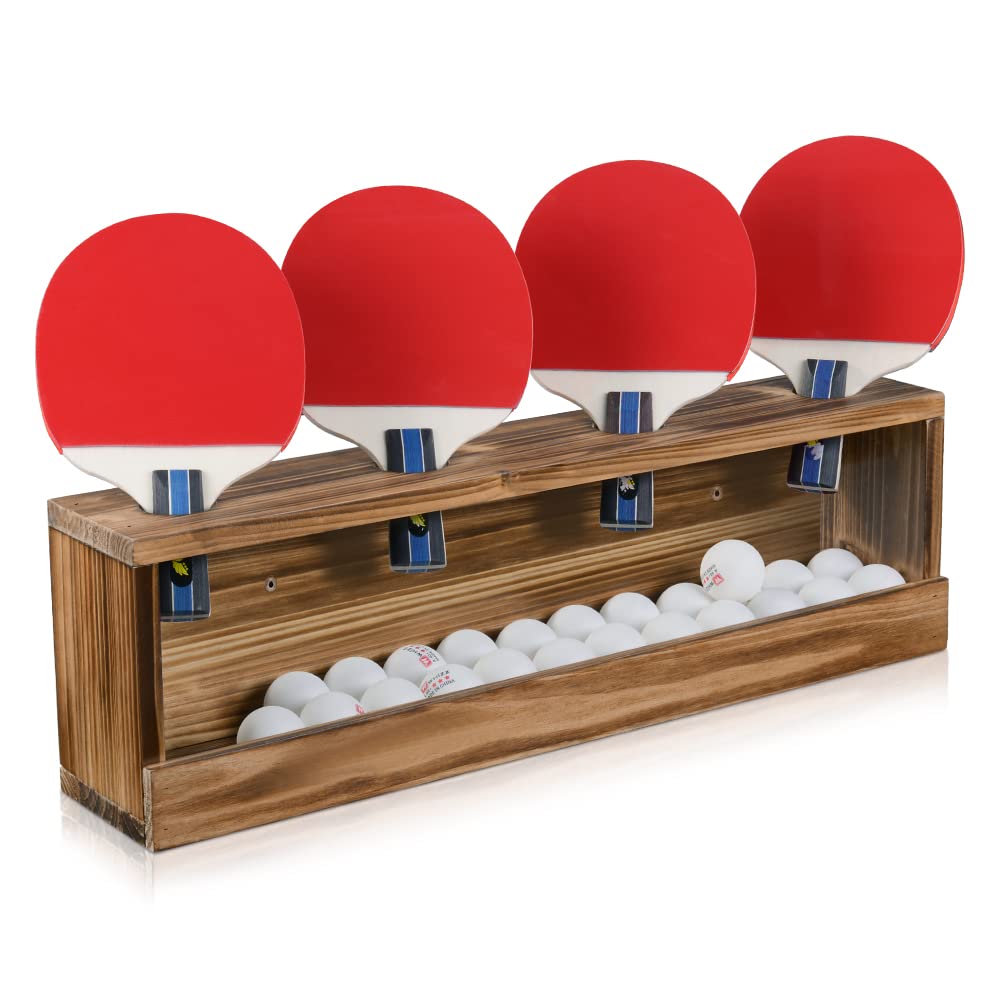 Ping Pong Paddle Storage Rack Table Tennis Racket Display Wall Mounted Holder for 4 Paddles and Balls Storage in Bar Room, Game Room, Office Break Room, Garage, Bedroom, Home, Rustic Burnt Sunix