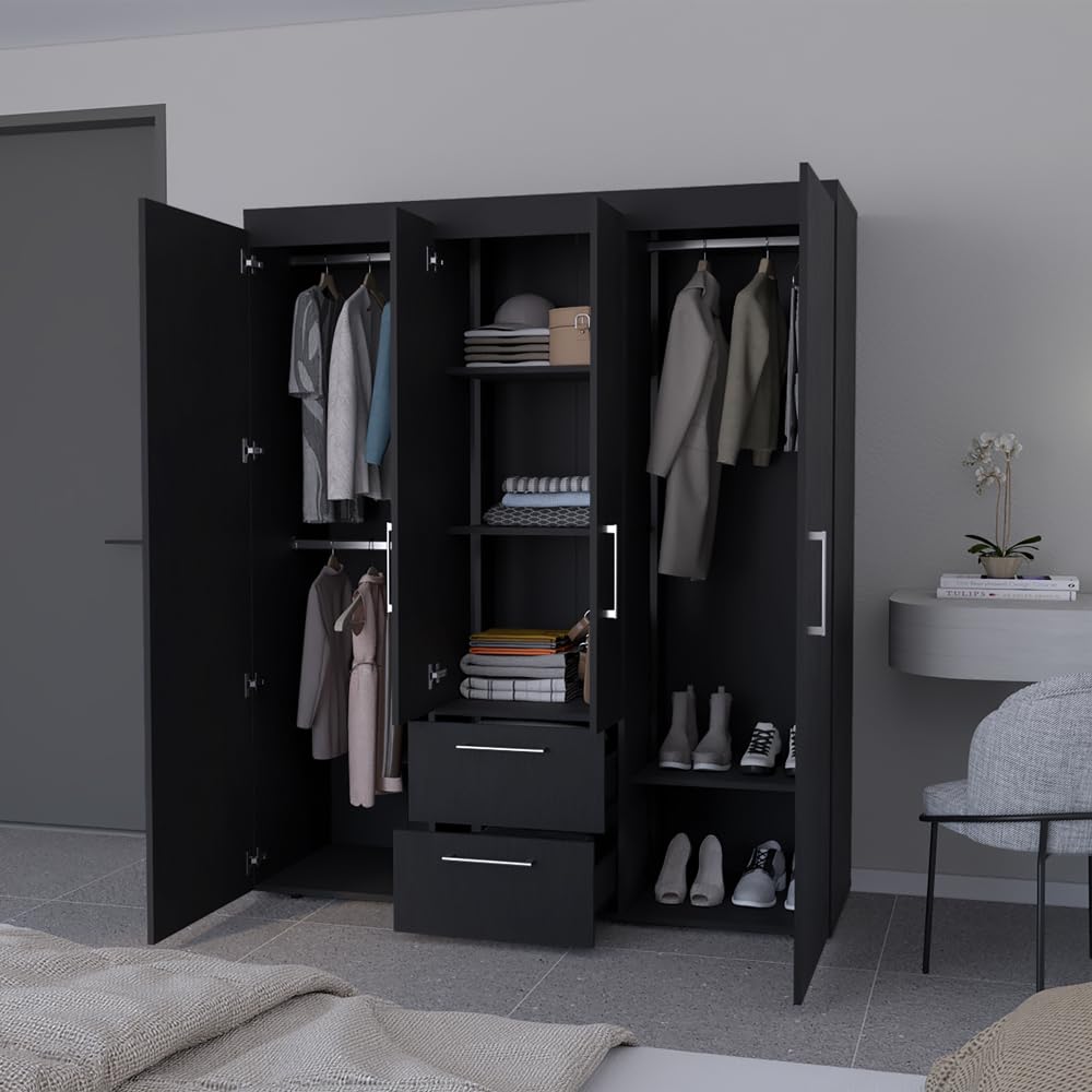 Quarte Modern 4-Door Wardrobe with 2 Drawers, Shelves and 2 Clothing Rods, Freestanding Armoire Wardrobe Closet, Clothes Storage Cabinet Organizer for Bedroom (Black/4-door) Quarte