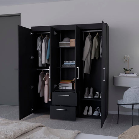 Quarte Modern 4-Door Wardrobe with 2 Drawers, Shelves and 2 Clothing Rods, Freestanding Armoire Wardrobe Closet, Clothes Storage Cabinet Organizer for Bedroom (Black/4-door) Quarte