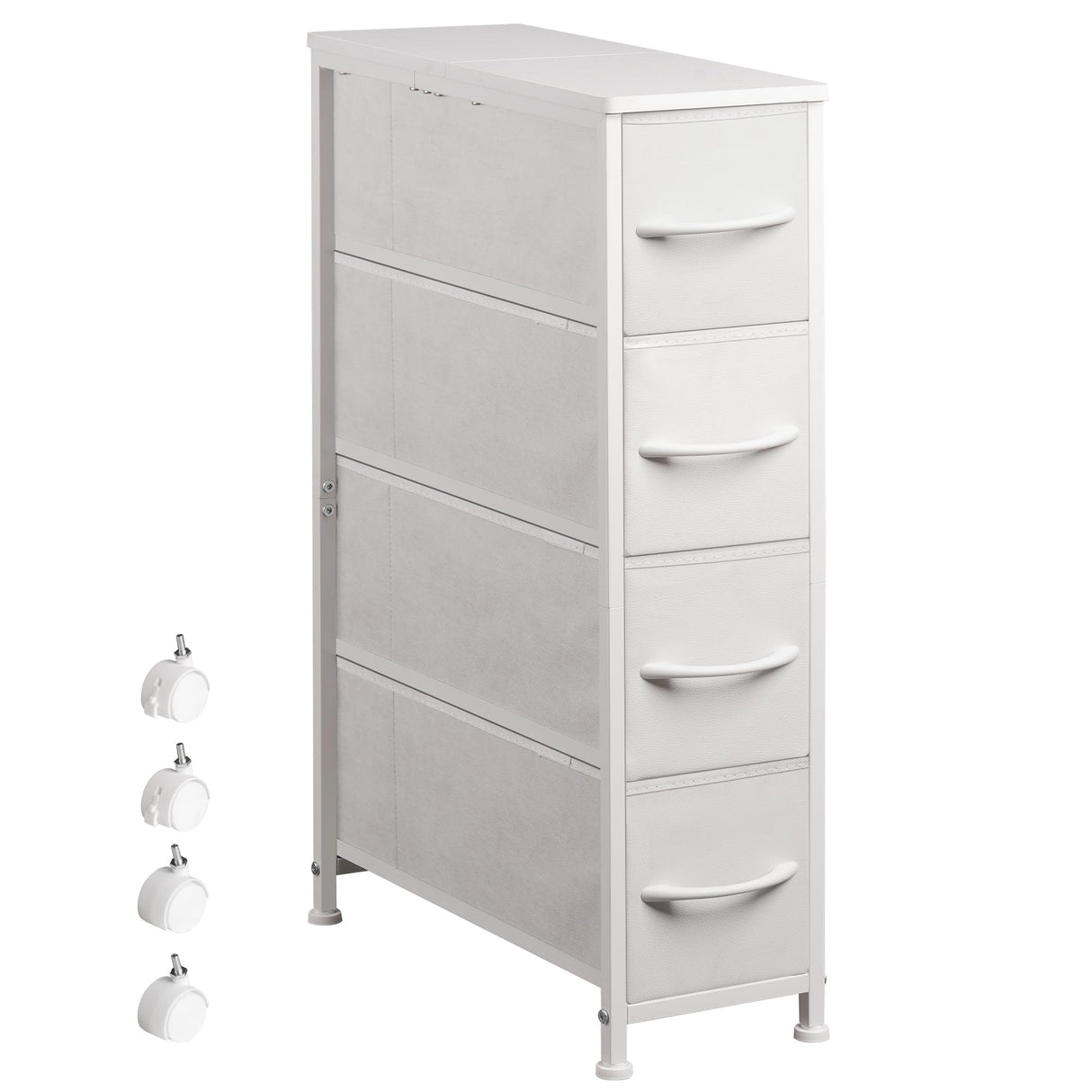 EKNKOZY Narrow Dresser Storage Tower with 4 Drawers, Slim Dresser Chest of Drawers with Steel Frame, Wood Top, Dresser for Bedroom, Bathroom, Small Spaces, Laundry, Closet (White) EKNKOZY