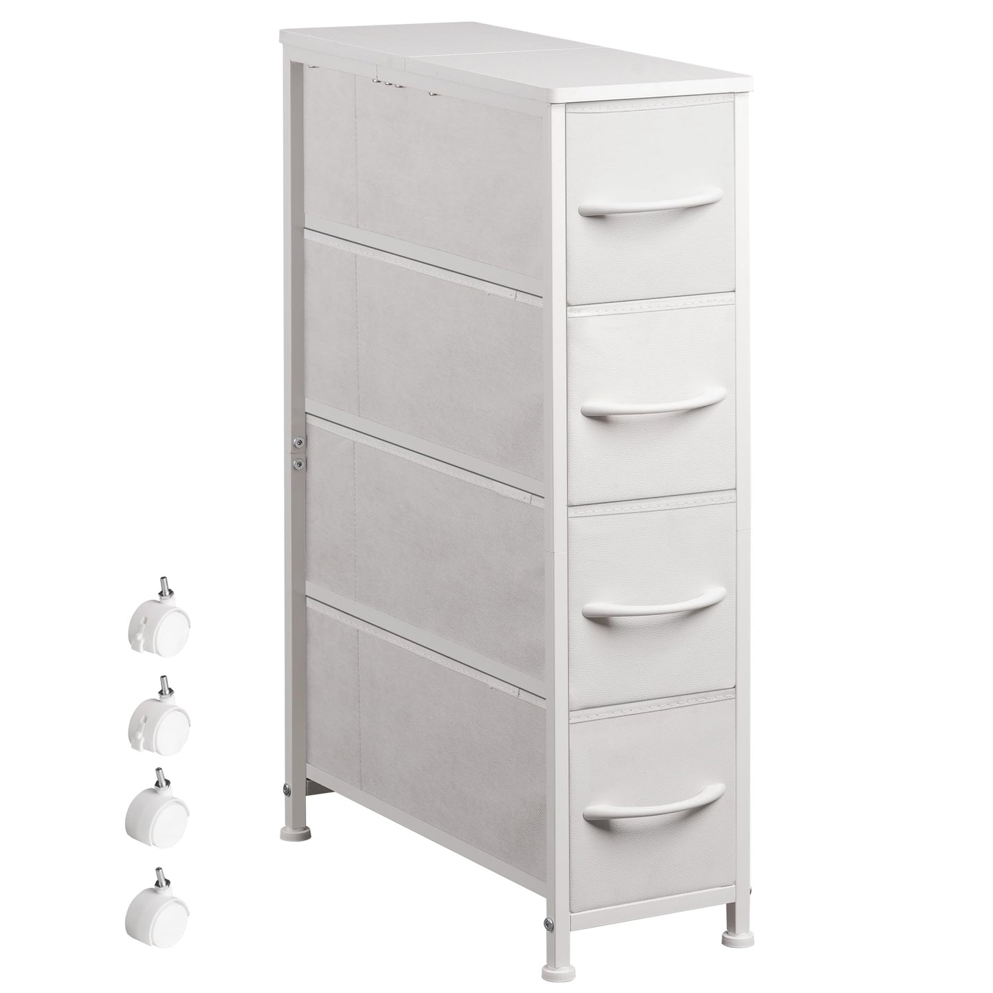 EKNKOZY Narrow Dresser Storage Tower with 4 Drawers, Slim Dresser Chest of Drawers with Steel Frame, Wood Top, Dresser for Bedroom, Bathroom, Small Spaces, Laundry, Closet (White)