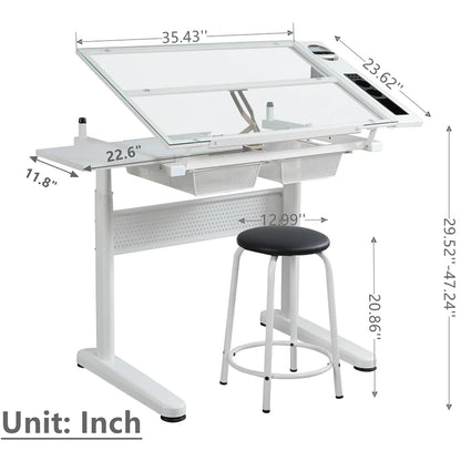 ZephyPaws Glass Drafting Table and Stool Set, Upgraded Hand Crank Adjustable Height Drawing Table Artist Desk with 2 Storage Drawers for Home Office (White)