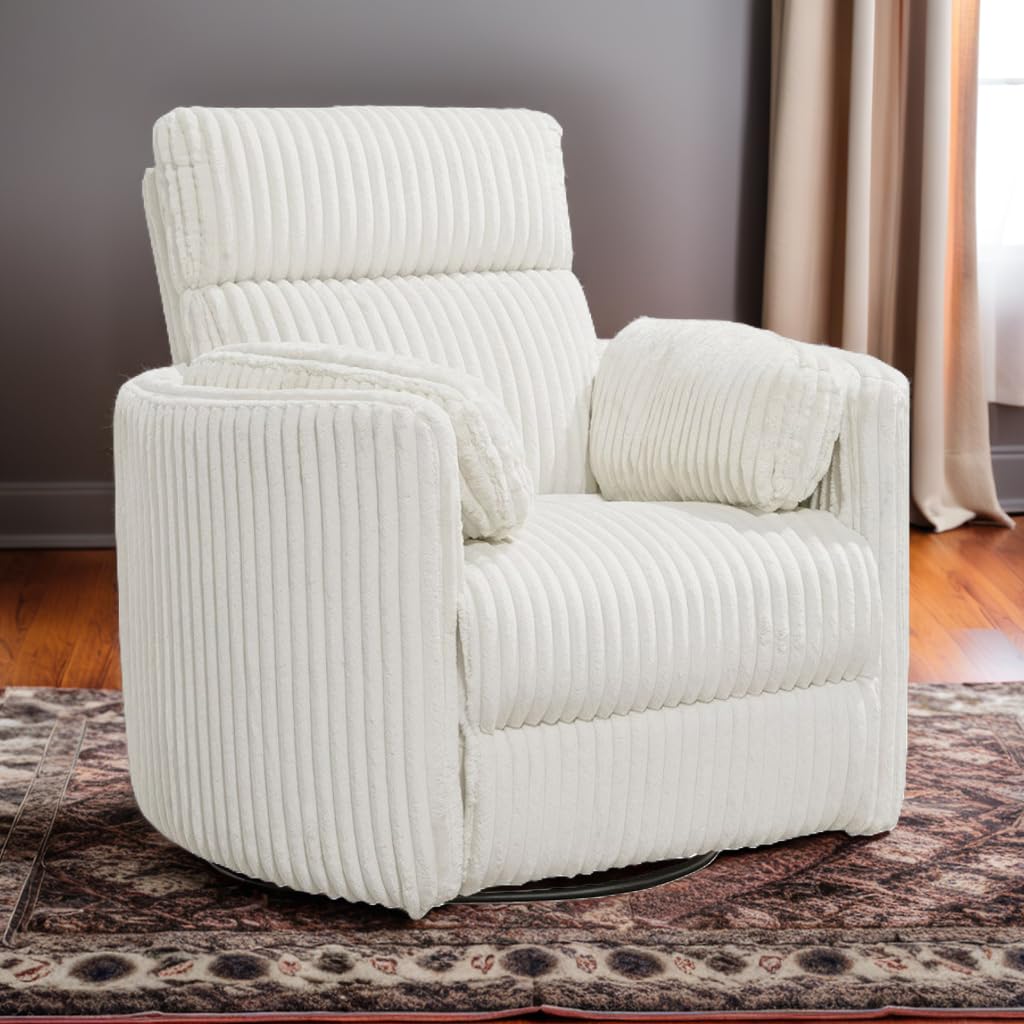 Pemberly Row Contemporary Fabric Swivel Glider Recliner in Ivory with USB Charging Ports and 2 Comfort Pillows for Living Room Pemberly Row